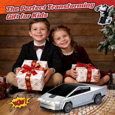 Children holding gifts with Cybertruck RC Toy Car For Kids 2 In 1 Vehicle With 2.4GHz Remote Lights Dual Batteries 360 Degree Rotation.
