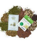 Organic Sprouting Seed Assortment Pack For Microgreens And Sprouts, 12 Pre-Measured Packs Featuring Broccoli, Alfalfa, Mung, And More, Non GMO Ready To Grow No Guesswork with sprouting guide and lid on seed pile
