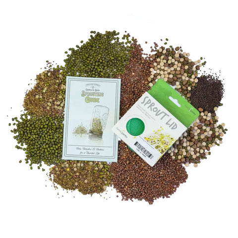 Organic Sprouting Seed Assortment Pack For Microgreens And Sprouts, 12 Pre-Measured Packs Featuring Broccoli, Alfalfa, Mung, And More, Non GMO Ready To Grow No Guesswork with sprouting guide and lid on seed pile