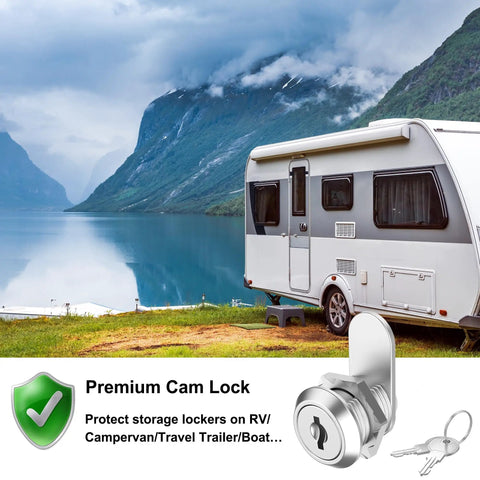 Six Pack Cabinet Locks With Keys, Five Eighth Inch Cam Lock Keyed Alike on RV door by a scenic lake with mountains