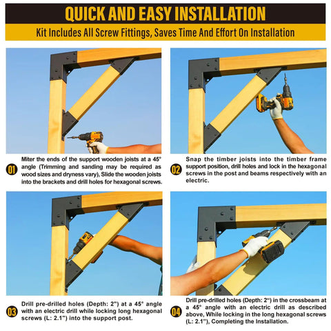 Quick and easy installation of 4 Pack 45 Degree Angle Brackets For Pergola Deck Porch Log Cabin 2x4 Framing Actual 1.5x3.5 Inches Stainless Steel Outdoor Bracket Kit Black Powder Coated Weatherproof Built Tough, showing step-by-step guide.