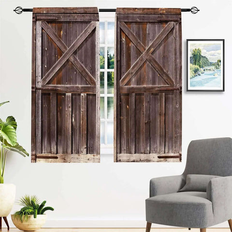 Rustic Barn Door Curtains 52 X 84 Inch Rod Pocket Two Panels Farmhouse Western Country Wood Print Window Drapes in living room