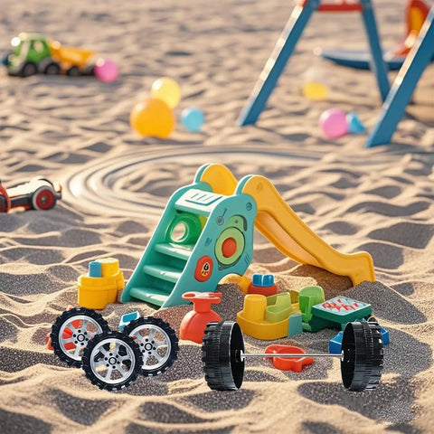 60 Piece Plastic Wheel Shaft Kit with 30 Round Rod Axles for DIY RC Cars and Model Toys on beach with toy slide background.