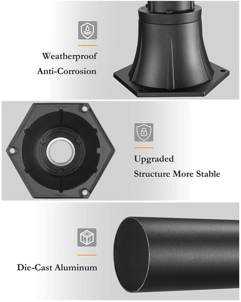 Heavy Duty Black Aluminum Outdoor Post Light Pole With Base For Pathway And Patio Lighting Built To Last No Fuss All Weather Exterior Lamp Post Mount For Yard Garden And Driveway Easy Install showing weatherproof design, stable structure, and die-cast aluminum material.