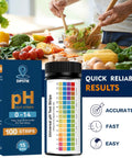 Box and container of 100 Count pH Test Strips 0 to 14 for Drinking Water, Aquarium, Pool, Hot Tub and Spa displayed near food