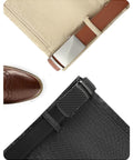 Men's Leather Ratchet Belt 2 Pack With Custom Fit Up To 1.5 Inches shown in brown and black with easy click buckle on pants