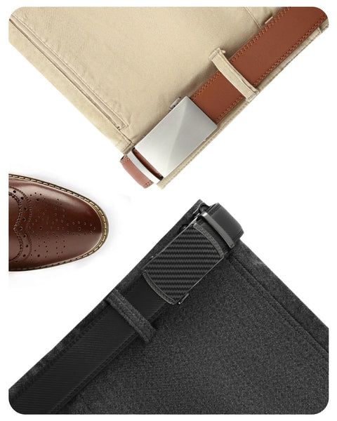 Men's Leather Ratchet Belt 2 Pack With Custom Fit Up To 1.5 Inches shown in brown and black with easy click buckle on pants