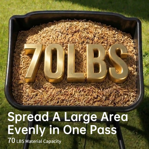 All Season 70-Pound Fertilizer Spreader showing 70-pound capacity with seeds in hopper, focus on even spread capability.
