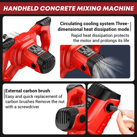 Heavy Duty 2300W 110V Handheld Electric Cement Mixer with cooling system and external brush details shown