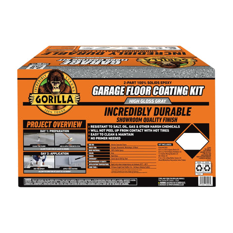 Two Part Epoxy Garage Floor Coating Kit for high gloss gray finish, covers 550 sq ft, durable for garages and workshops.