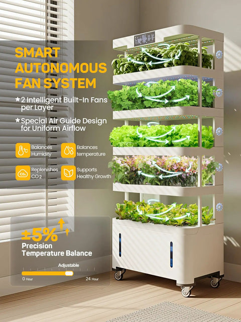 Massive Vertical Hydroponic Growing System With 148 Pod Indoor Garden Tower in bright room with fan system.
