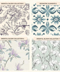 Four floral and geometric pattern samples from Oriental Bloom and Geometric Elements collections in pastel colors.