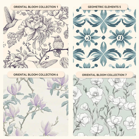 Four floral and geometric pattern designs labeled Oriental Bloom Collection and Geometric Elements on decorative paper.