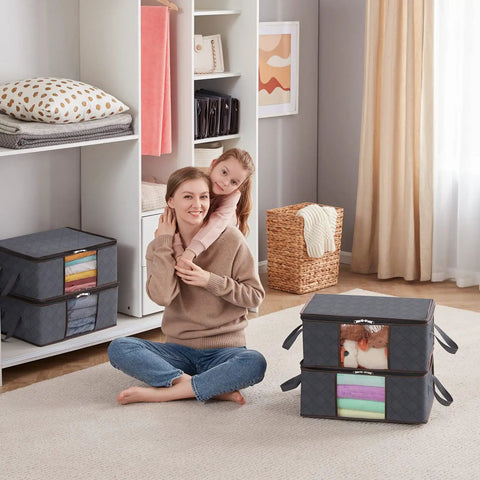 8 Pack Foldable Closet Storage Bins with Clear Windows, Reinforced Handles; shown organizing clothes in a cozy room setting.