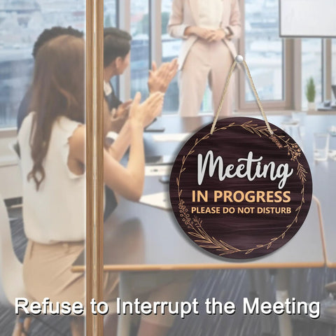 Double Sided Meeting In Progress Door Sign for Office Doors 9.8 Inch Round Wood