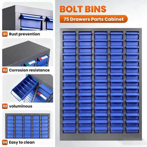 Beefy 75 Drawer Bolt And Nut Organizer With ABS Drawers And Alloy Steel Frame, Laser Welded Heavy Duty Cabinet For Tools And Fasteners, Durable Small Hardware Storage Case, 3.9 Inch Depth, 7.8 Inch Width, front view