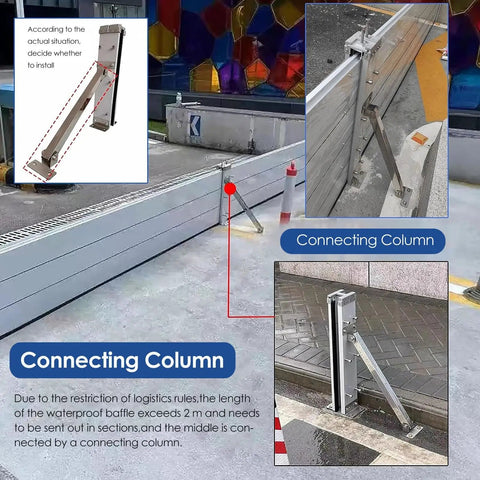 Heavy Duty Aluminum Garage Door Flood Barrier Detachable Water Prevention Shield With Sealing Strip For Driveway Warehouse installation diagram showing connecting column and flood barrier details.