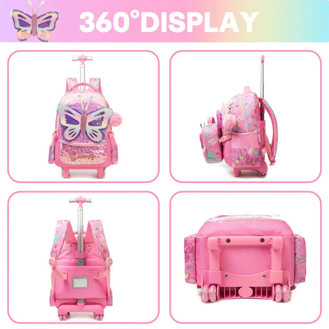 Meetbelify pink butterfly rolling backpack for girls with wheels; 3-in-1 travel luggage set