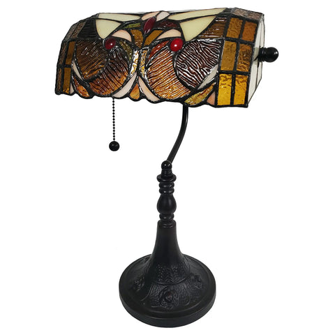 Tiffany Style Stained Glass Desk Lamp With 16 Inch Tall Body Dark Amber Finish Swivel Arm And Tilting Shade Hand Cut 74 Piece Glass Mosaic With Jewels Perfect Desk Or Home Office Vibe Lighting