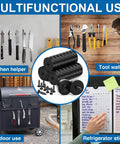 Collage showing uses of Heavy Duty Neodymium Magnets Set 36 Countersunk Magnets With Screws 0.6 x 0.2 Inch 20 Lb Hold in kitchen and workshop.
