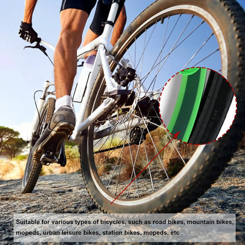 Cyclist on trail displaying Four Roll TPU Bicycle Tire Liners For Inner Tubes Protect Against Flats And Punctures On 12 To 29 Inch Wheels