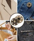 32 Sets 1 Inch Brass Sew On Snap Buttons Heavy Duty Metal Snap Fasteners For Fabric Coats Jackets Bags Purses Diy Leather Crafts Mixed Color Gold Silver Black Bronze Eight Sets Each shown on clothing and bag