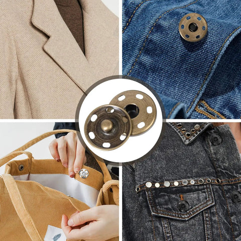 32 Sets 1 Inch Brass Sew On Snap Buttons Heavy Duty Metal Snap Fasteners For Fabric Coats Jackets Bags Purses Diy Leather Crafts Mixed Color Gold Silver Black Bronze Eight Sets Each shown on clothing and bag
