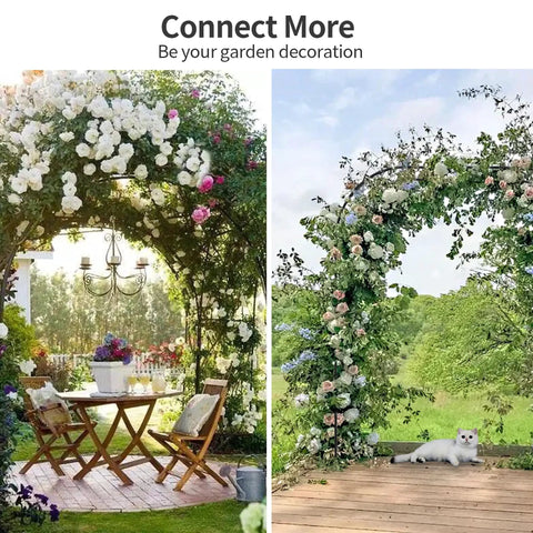 Half Garden Arch Trellis for Climbing Plants Outdoor Metal Garden Arbor with flowers and seating area.