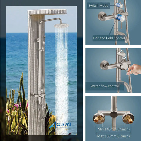 Outdoor Shower Faucet With 8 Inch Rainfall Shower Head Stainless Steel SUS304 All Metal Set Hand Spray 3 Function Combo