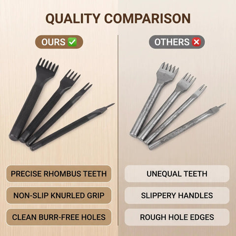 4mm Leather Lacing Stitching Chisels Kit 4 Pcs DIY Leather Hole Punch Tools Set with quality comparison chart showing advantages