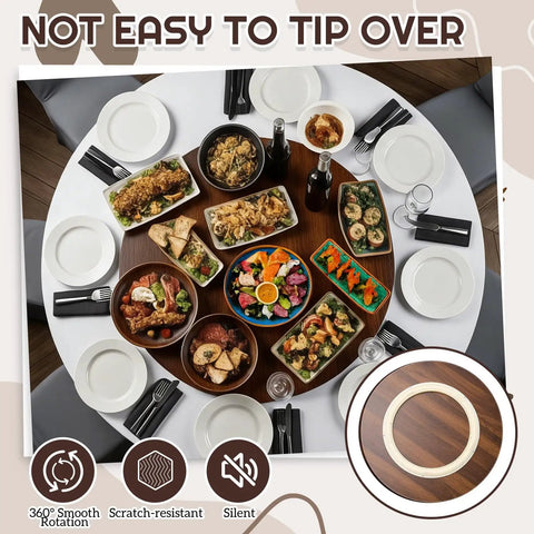 Solid Piece 20 Inch Black Walnut Lazy Susan Serving Tray Featuring A Smooth Operator Rotating Turntable Platform With Heaps Of Space For Condiments And Dinner Parties, beautifully set with food on a round table.