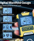 Digital HVAC Manifold Gauge For Refrigeration And Air Conditioning Systems With R134a R410a compatibility, LCD display in hand view