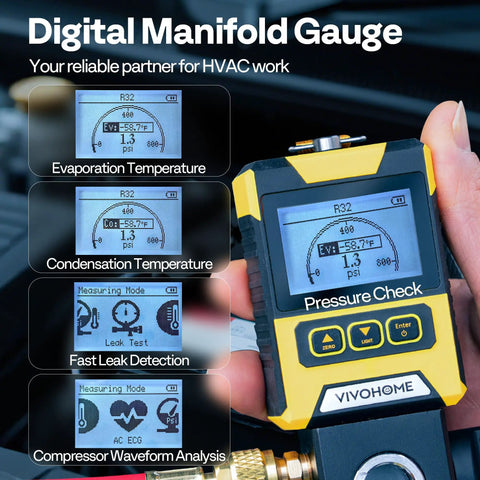 Digital HVAC Manifold Gauge For Refrigeration And Air Conditioning Systems With R134a R410a compatibility, LCD display in hand view