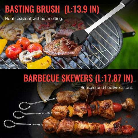 Stainless Steel BBQ Grill Tools Set For Outdoor Grilling Includes Tong Spatula Fork Knife Basting Brush Six Skewers And Gift Box shown with basting brush and skewers in use