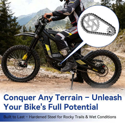 Chain Drive Sprocket Kit For Sur Ron Light Bee X Segway X160 X260 Electric Dirt Bike 420 Chain 42 Link With 30T Front Sprocket And 13T Rear Sprocket LBX LBS Compatible in action on rough terrain