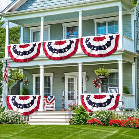 5 Pack 3 By 6 Feet 250th Anniversary American Flags Bunting Patriotic Stars And Stripes Pleated Fan USA Flag Banners on porch