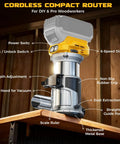 Cordless Wood Router Tool With 800W Brushless Motor Up To 30,000 RPM 6 Speed Settings Precise Depth Adjustment Edge And Roller Guides