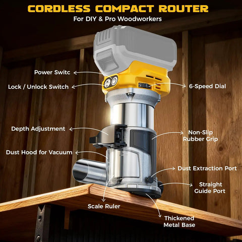 Cordless Wood Router Tool With 800W Brushless Motor Up To 30,000 RPM 6 Speed Settings Precise Depth Adjustment Edge And Roller Guides