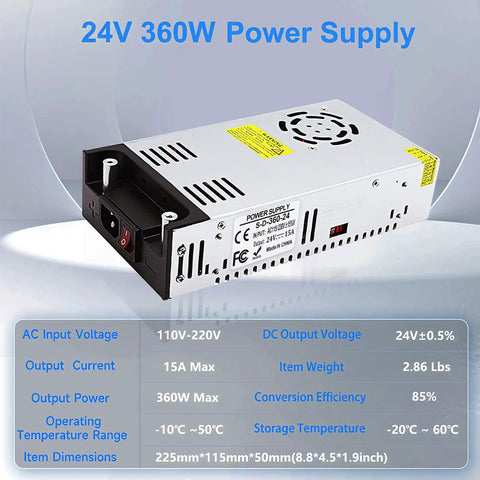 AC To DC 24V 15A 360W Power Supply Universal Regulated Switching Converter 110 To 220V Input For LED Strip Light CCTV Security Camera Radio And Other Low Voltage Projects shown in a side view.