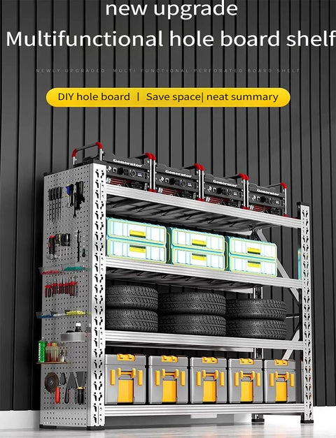Heavy Duty Garage Shelving Workhorse With Adjustable Steel Shelves And Built In Pegboard System 78 Inch Tall rack with tools and tires