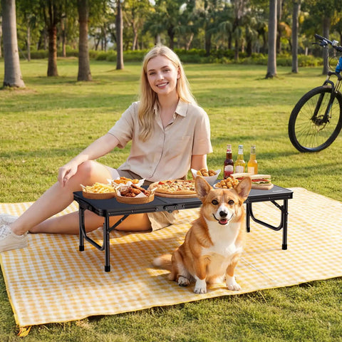 Person sitting on a picnic blanket with snacks on a Three Foot Low Folding Picnic Table With Thick Aluminum Build, 10.3 Inch High.