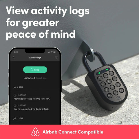 Heavy Duty Smart Padlock With App Shared Access Waterproof Rechargeable Bluetooth Security Lock For Bike Racks And Storage Boxes, close-up view with activity logs on smartphone.