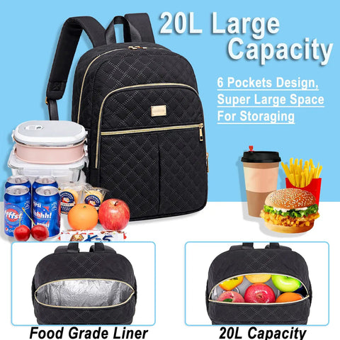 Womens Lunch Backpack With 20L Insulated Cooler, On The Go Meal Bag showing front pocket and food storage features