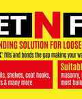 Product packaging displaying "WET N FIX" for fastening loose wall plugs.