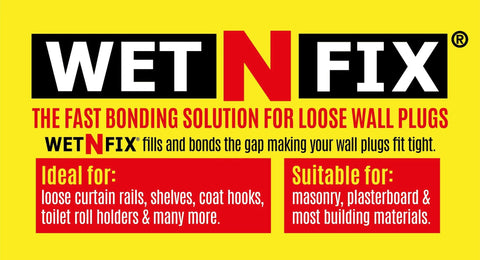 Product packaging displaying "WET N FIX" for fastening loose wall plugs.