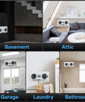 Images of a 240 CFM Crawl Space Vent Fan With Thermostat And Humidistat installed in basement, attic, garage, bathroom, and laundry room.