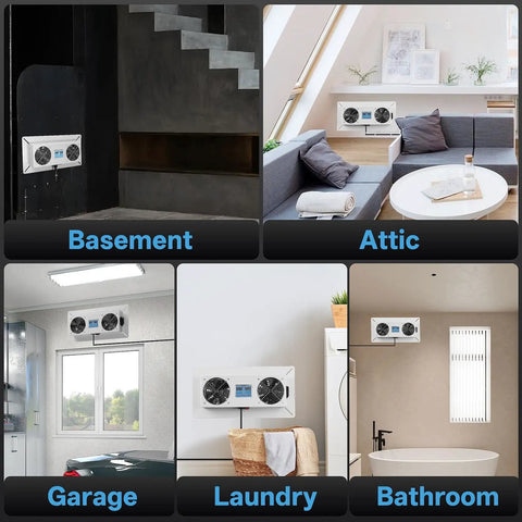 Images of a 240 CFM Crawl Space Vent Fan With Thermostat And Humidistat installed in basement, attic, garage, bathroom, and laundry room.