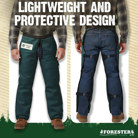 Front and back view of Apron Style Chainsaw Chaps for Men and Women with Pocket and Adjustable Waist Forest Green 37 Inch Pro Grade