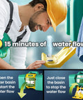 Man using 8 Gallon Portable Eye Wash Station With Wall Mount OSHA Compliant Emergency Eyewash System With Mirror And Dual Spray Nozzles For Quick Rinse, showcasing 15 minutes of water flow and instructions to operate.