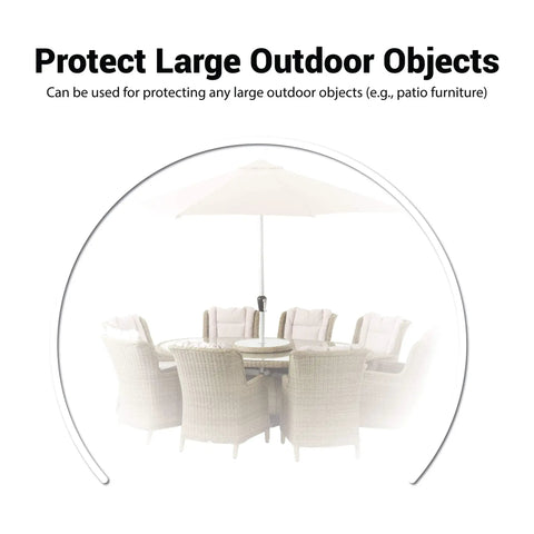 Universal Clear Car Cover For SUVs Sedans Sports Cars And Vintage Rides Up To 22 Feet By 12 Feet shown protecting patio furniture